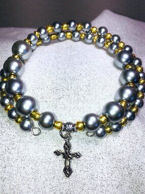 Double Wrap Memory Wire Bracelet – Silver & Gold Beads with Celtic Cross Charm